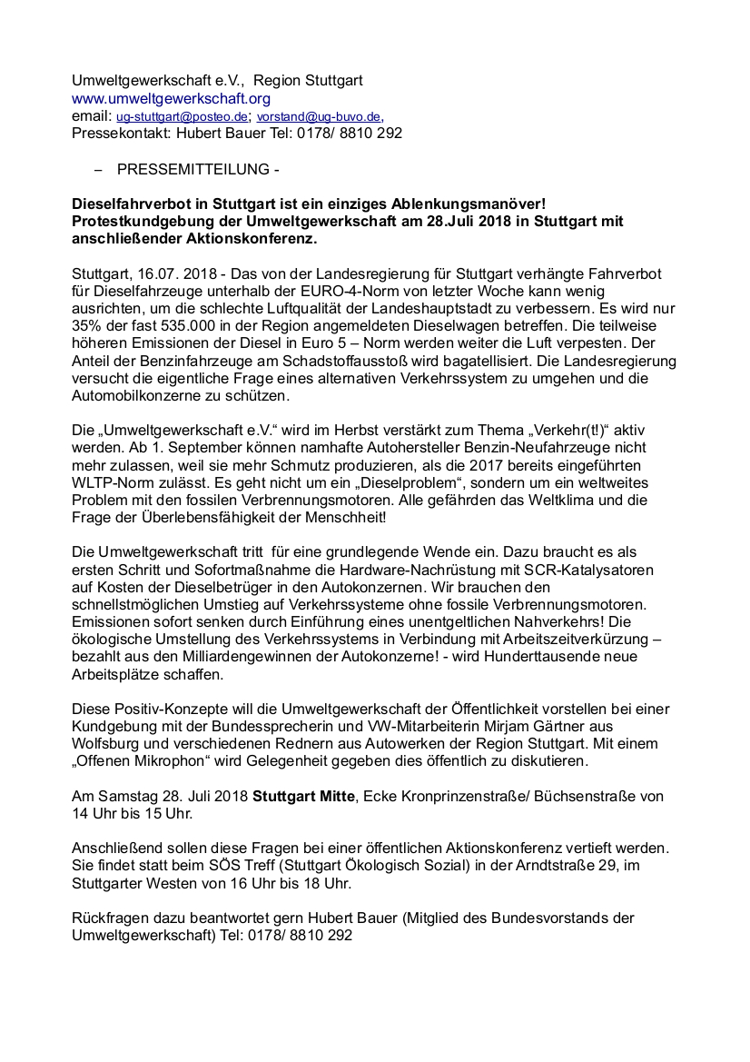 180718 Pressemitteilung zur Kundgebung und Aktionskonferenz in Stuttgart Verkehrt