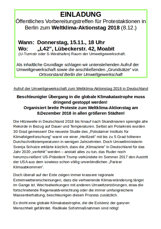 Weltklima Aktionstag 8.12.18 Einladung zum Vorbereitungstreffen Berlin S.1